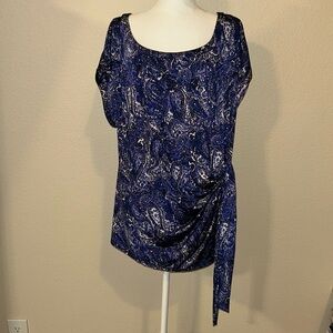 Dana Buchman 2x Stretch Knit Blouse Purple Blue White Paisley Floral